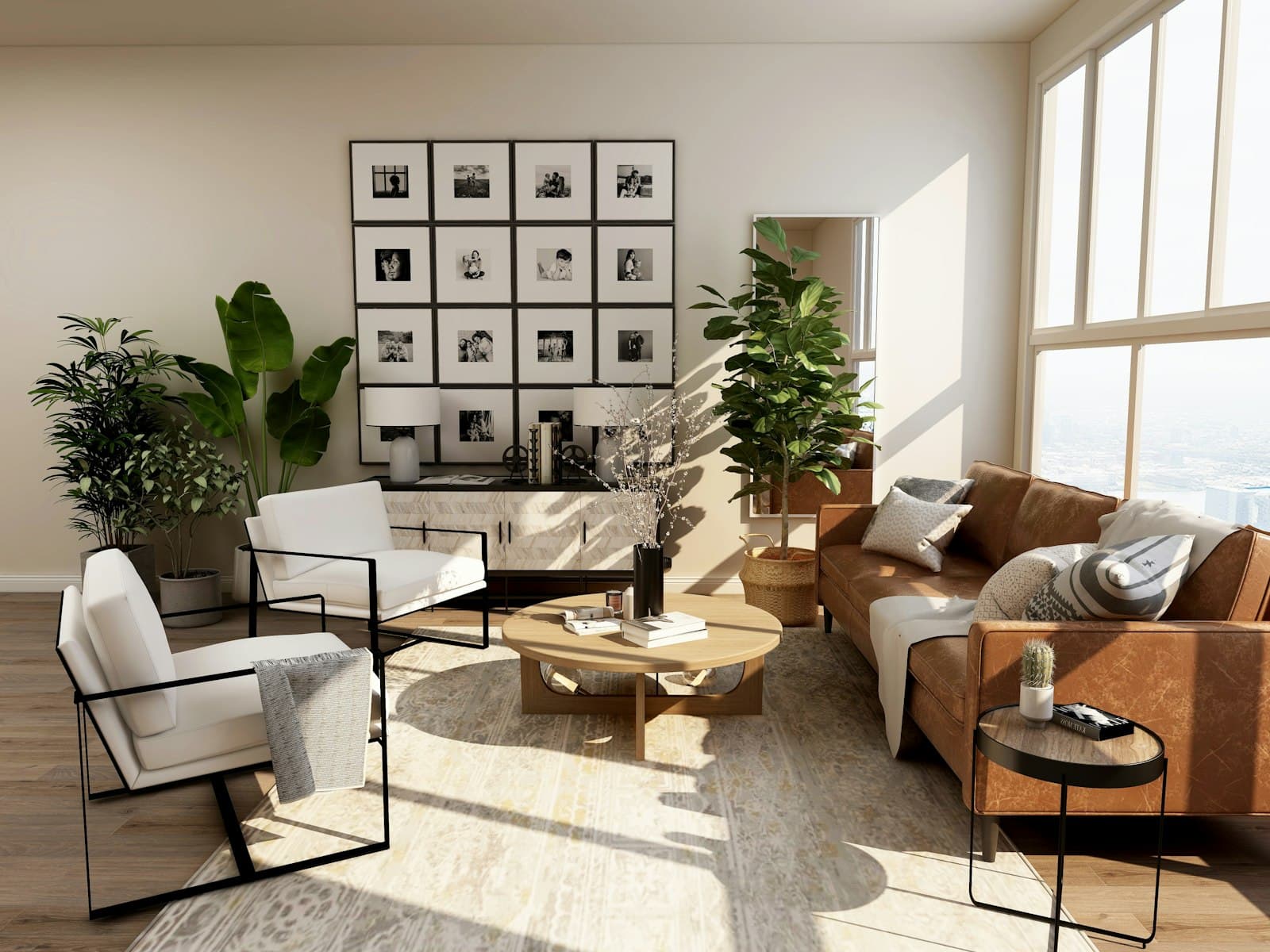 Warmly furnished living room with leather sofa and framed prints